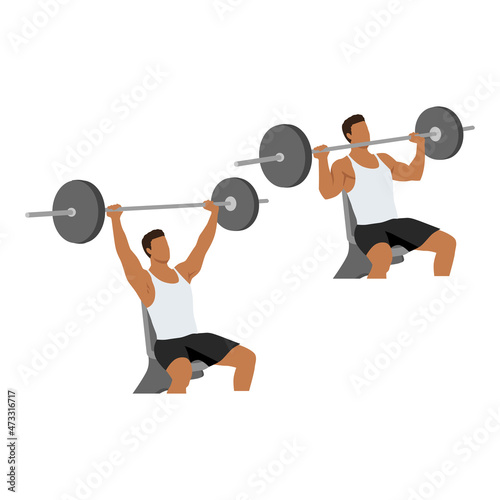 shoulder Exercises. Barbell shoulder press. Flat Design Bodybuilder Character Lifting Barbell. isolated character
