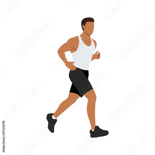 Muscular adult man running or jogging. Workout excercise. Marathon athlete doing sprint outdoor - Simple flat vector illustration.
 photo