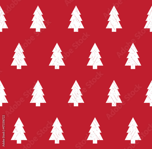 Vector repeating christmas texture. Red background with white Christmas trees