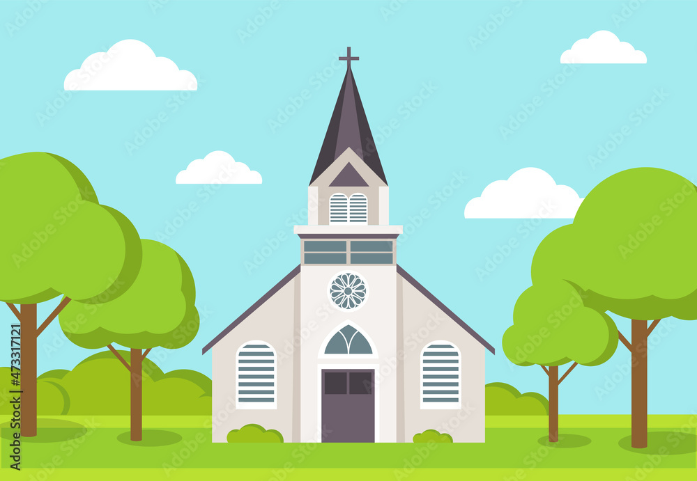 Old Catholic Church isolated. Cartoon vector classic cathedral illustration. Religious building in style of ancient architecture, traditional prayer house with cross on roof