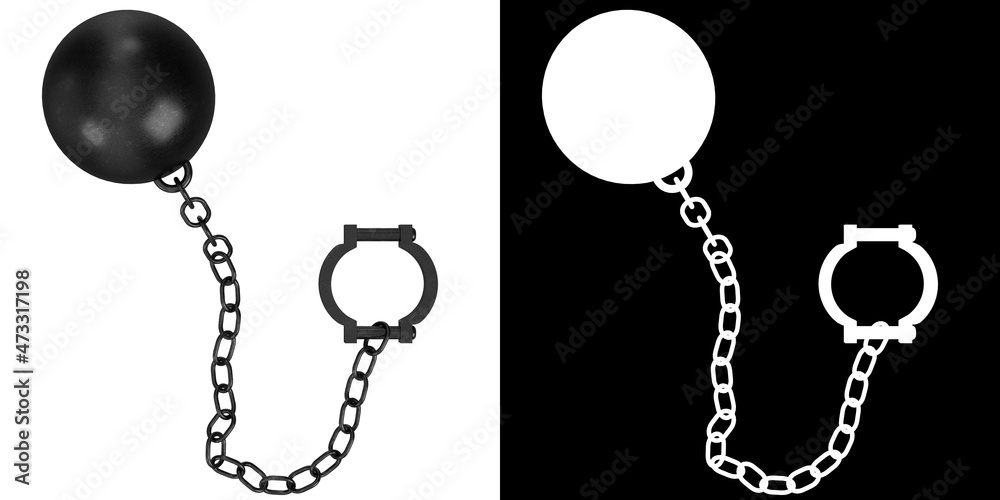 3D rendering illustration of a ball and chain with shackle - obrazy, fototapety, plakaty 