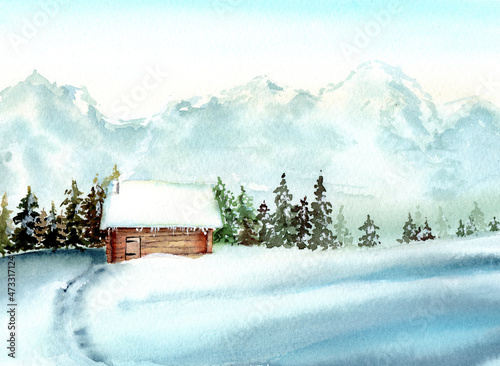 Watercolor illustration of wooden hut covered with snow near the fir trees forest and the mountains onthe background in winter