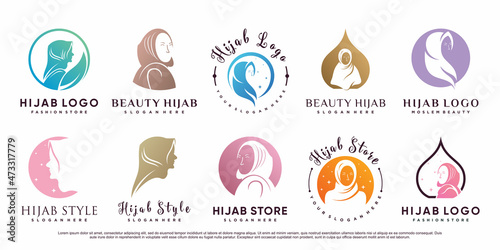 Set bundle of hijab logo design for muslim woman with creative element Premium Vector