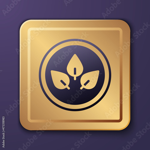 Purple Vegan food diet icon isolated on purple background. Organic, bio, eco symbol. Vegan, no meat, lactose free, healthy, fresh and nonviolent food. Gold square button. Vector