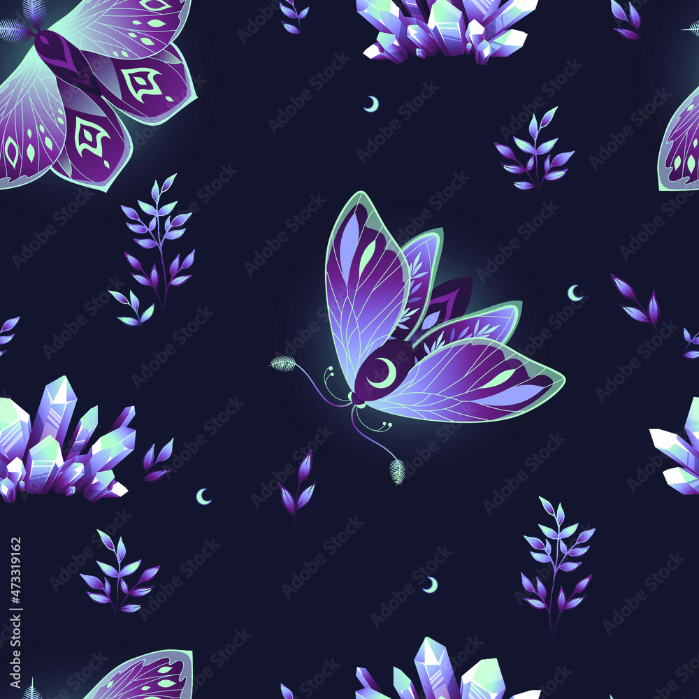 Fototapeta premium Vector seamless pattern with moon moth and stars. Contemporary composition. Trendy texture for print, textile, packaging.