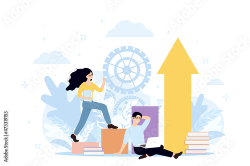 Upskilling learn as work educational qualification rise tiny person concept. Mentorship, upskills, climb help and self development strategy flat style design business concept.