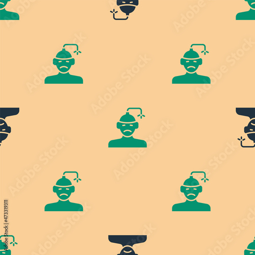 Green and black Concussion, headache, dizziness, migraine icon isolated seamless pattern on beige background. Vector