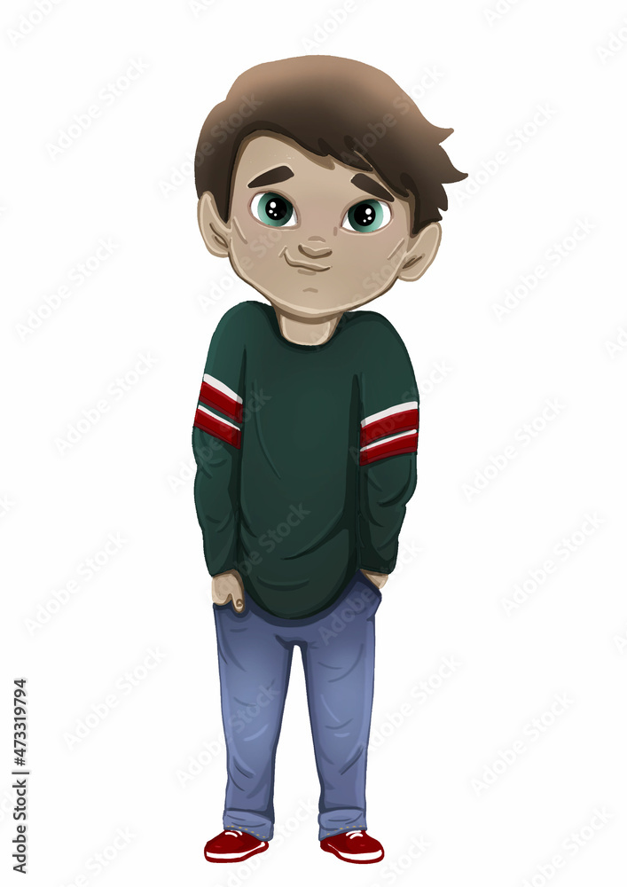 Cartoon little character in full growth without background keeps hands in his pockets, cute teen in green sweater with long sleeves and blue jeans, charming boy short hair, round face and big eyes.