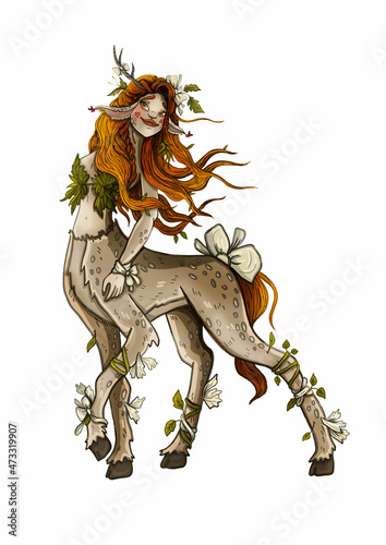 Fairytale forest personage with powerful legs  and hooves in full growth, a cartoon dryad deer with long red hair and pigtails, a cute fantasy creature with leaves, horn and a bow-knot.