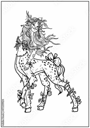 Fairytale isolated character with powerful legs  and hooves in full growth, a cartoon deer girl with long hair and pigtails, a cute fantasy forest creature with leaves, horn and a bow-knot.