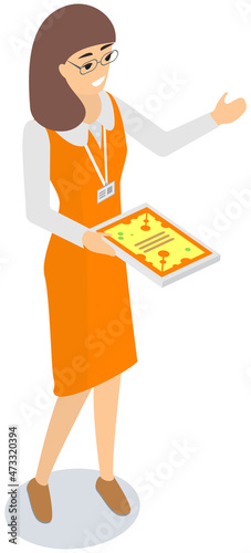 Girl distributes leaflets, flyers on white background. Leafleting, advertising campaign. Work in advertising company, promotion. Female promoter is sharing leaflet fliers with advertisement