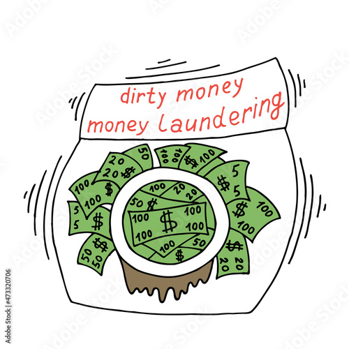 The washing machine is full of dirty money.The concept of money laundering, corruption, financial fraud.