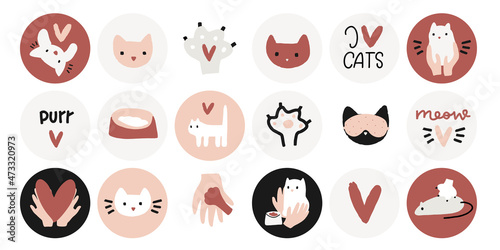 Cat and kitten cartoon character vector clipart set. Pet sitter, meal in a bowl, mouse toy, care and adoption different icon collection.