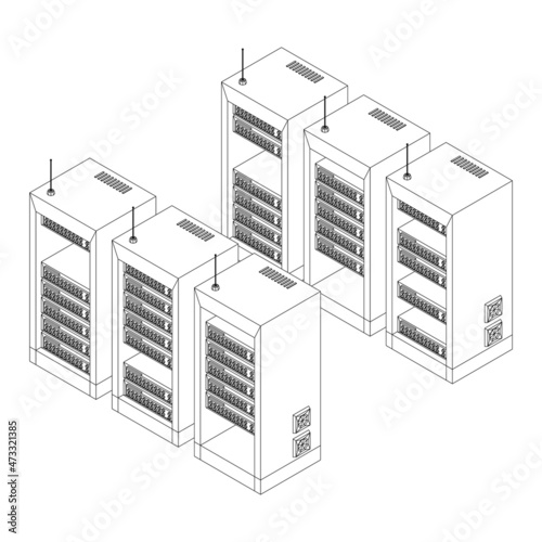 Data network server in cabinet. Diagnostic test in computer room technology communication computers and device concept. Wireframe low poly mesh vector illustration.
