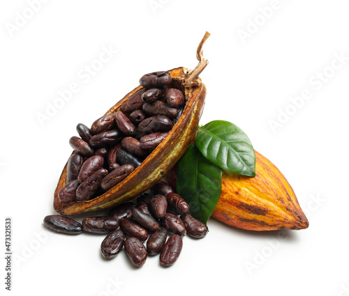 Fresh cocoa fruit and open pod with cocoa seeds with leaves isolated on white background.