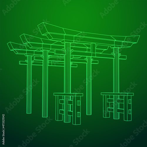 Torii sacred traditional gate. Symbol of Japan,shintoism religion. Japanese Tori arch ancient entrance. Wireframe low poly mesh vector illustration
