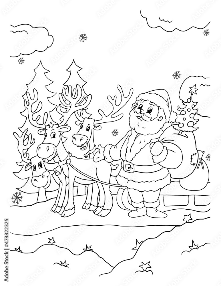 Fototapeta premium santa claus and reindeer colouring book