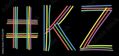 KZ Hashtag. Multicolored bright isolate curves doodle letters. Hashtag #KZ is abbreviation for the Kazakhstan for social network, web resources, mobile apps.