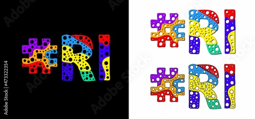 Hashtag #RI set. Multicolor bright funny cartoon colorful doodle bubble isolated text. Rainbow colors. Hashtag #RI is abbreviation for the US American Rhode Island for print, social network.