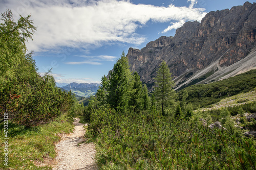 Scenic trail through a gorge in the Natural park Puez Odle. Italian Dolomites