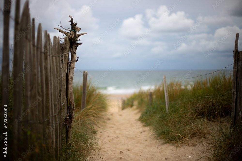 Path leading through the dunes of Soulac-sur-Mer in Médoc, France to the beach and the Atlantic Ocean with a cloudy sky in summer on vacation