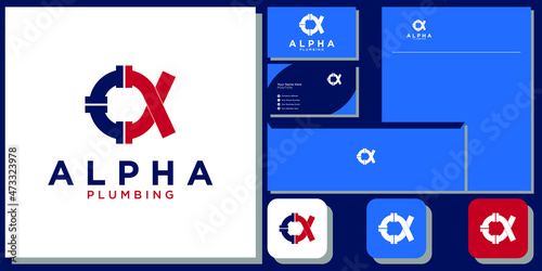 alpha plumbing combination symbol pipe drain repair with brand identity template 