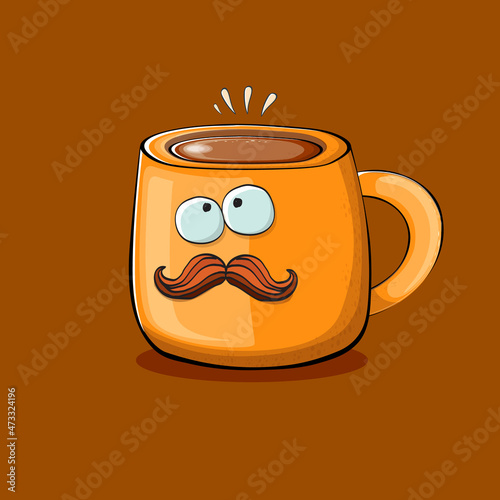 Vector cartoon coffee cup character with smiling faces isolated on brown background. Funky Kawaii orange coffee mug character. Good morning concept illustration with funny coffee