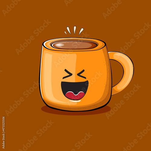 Vector cartoon coffee cup character with smiling faces isolated on brown background. Funky Kawaii orange coffee mug character. Good morning concept illustration with funny coffee