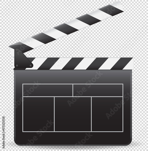 Film clapper board on white background. Blank movie clapper cinema vector illustration. Empty check board with stripes, black glossy cinema object, equipment for making video production, film industry