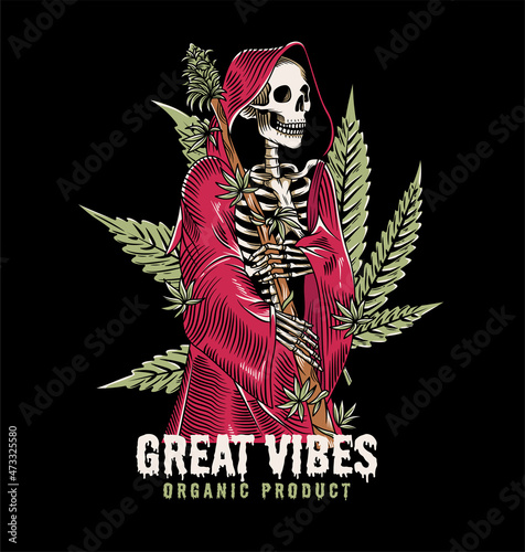 vintage skeleton with cannabis illustration