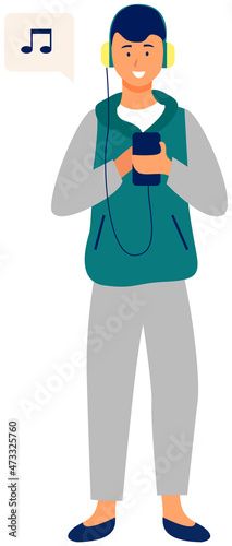 Young male character listening to music on phone through headphones. Man enjoys and has fun with songs with smartphone. Teenager and mobile sound entertainment. Boy uses phone to listen to audio files