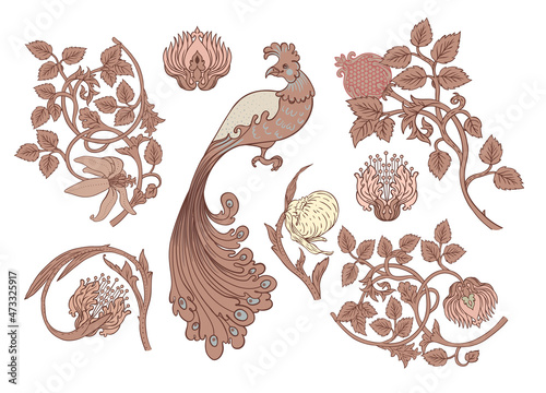 Nature vintage elements. Enchanted Vintage Flowers and bird. Arts and Crafts movement inspired. Vector design elements. Isolated on white.