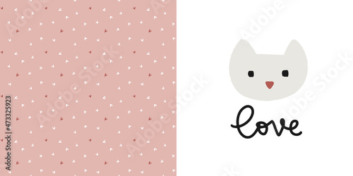 Kitten love cute vector design for baby girl clothing in soft pink and white colors. Minimalist scandi clipart and text set.