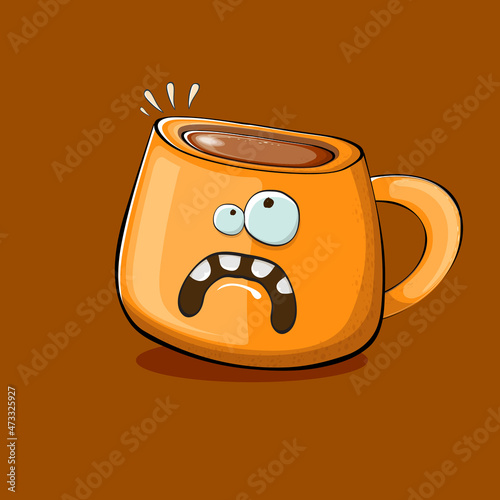 Vector cartoon coffee cup character with smiling faces isolated on brown background. Funky Kawaii orange coffee mug character. Good morning concept illustration with funny coffee