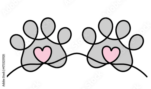 Silhouette of abstract color paws as line drawing on white. Vector