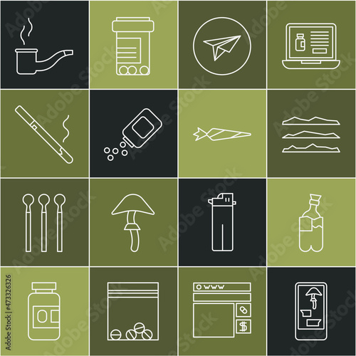 Set line Buying drugs online on phone, Bong for smoking marijuana, Cocaine heroin, Messenger, Medicine bottle and pills, Cigarette, Smoking pipe and Marijuana joint icon. Vector