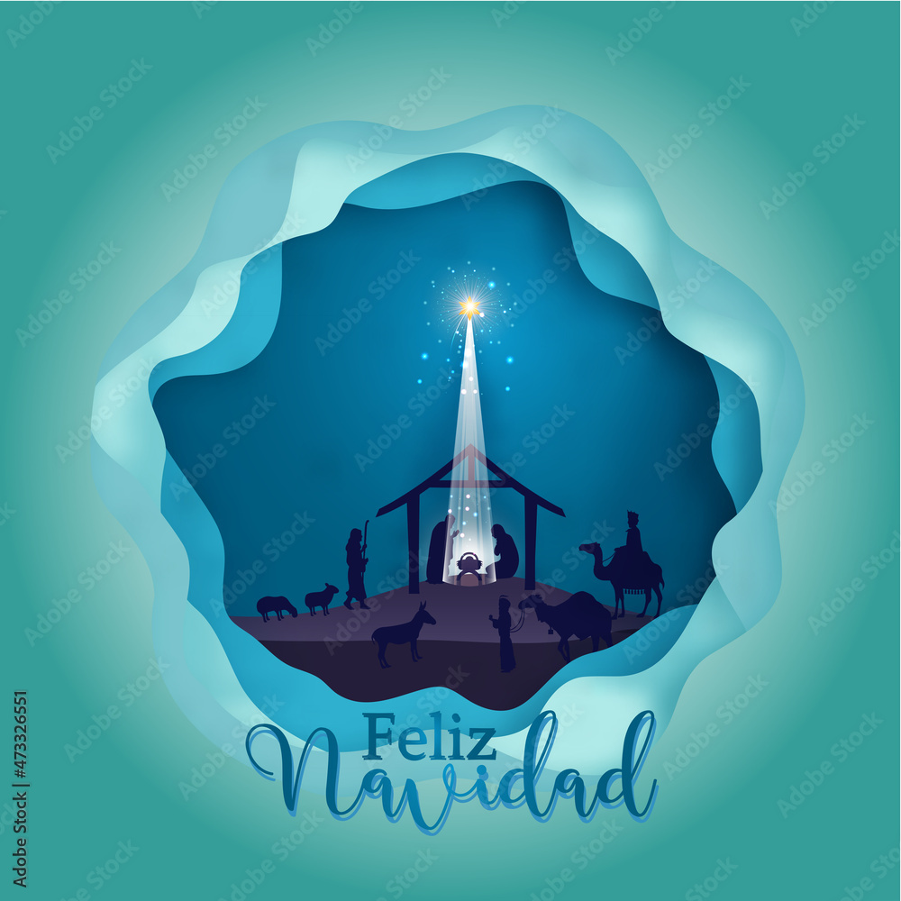 Creche-2 francaisTarjeta o pancarta de Feliz Navidad en azul representada por un belén con animales, los Reyes Magos sobre un fondo azul en un círculo formando ondas de color verde y azul en degradado
