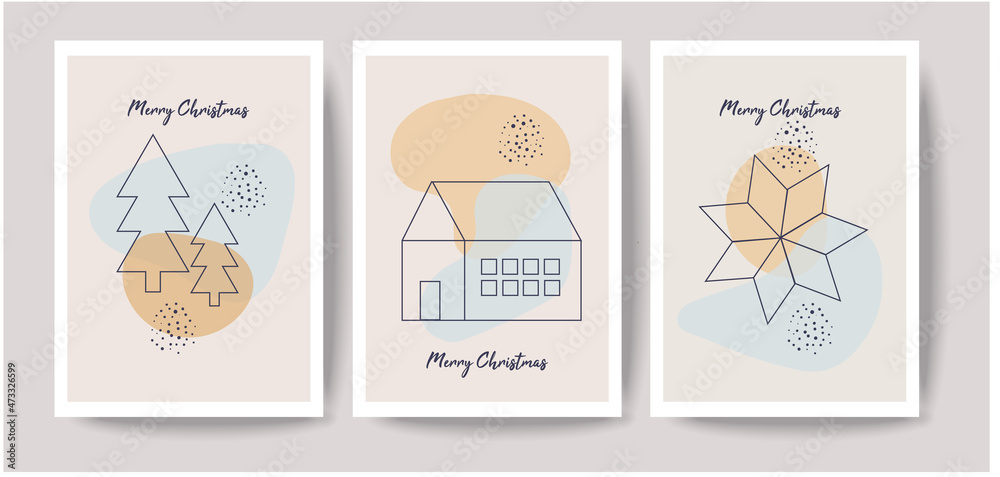 Set of creative 3 minimal Christmas cards. Modern posters set. Template for greeting scrapbooking, congratulations, invitations, planners, or art prints. Vector illustration. 