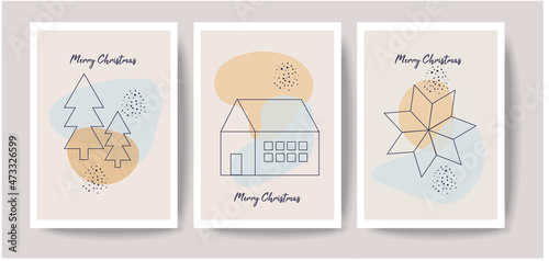 Set of creative 3 minimal Christmas cards. Modern posters set. Template for greeting scrapbooking, congratulations, invitations, planners, or art prints. Vector illustration. 