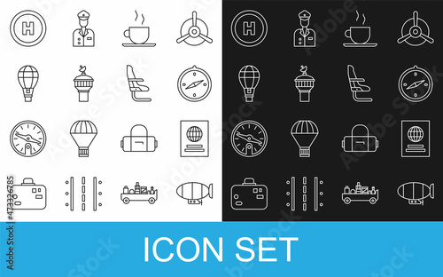 Set line Airship, Passport, Compass, Coffee cup, Radar, Hot air balloon, Helicopter landing pad and Airplane seat icon. Vector