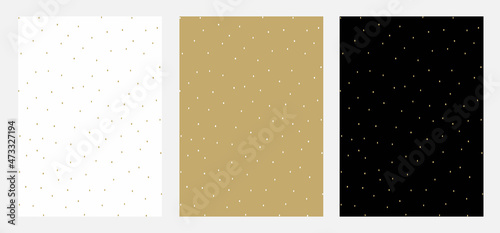 Seamless geometric backgrounds. Vector abstract doodle patterns in gold and white colors on dark, gold and white backgrounds. Ink doodles. Dots, specks, peas. Ideal for fabric, wallpapper, print,card
