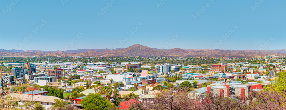 An aerial view of the center of Windhoek the capital of Namibia in Southern Africa