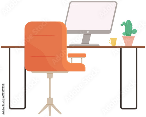 Modern workplace flat design. Office chair and office desk. Furniture and equipment for workplace of employee or office worker, vector interior workspace