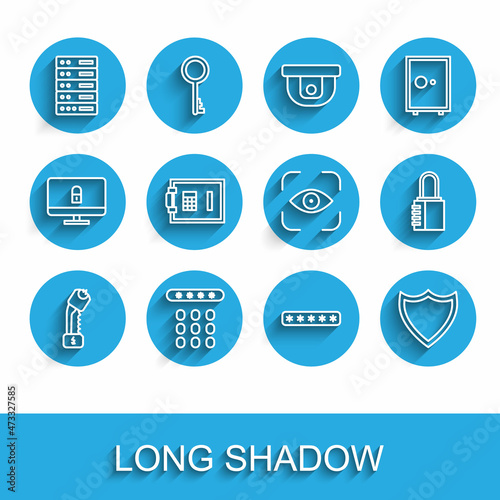 Set line Police electric shocker, Password protection, Server, Data, Web Hosting, Shield, Safe, combination lock and Eye scan icon. Vector