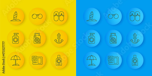 Set line Sun protective umbrella for beach, Sunscreen spray bottle, Photo camera, Anchor, Surfboard, Flip flops and Glasses icon. Vector
