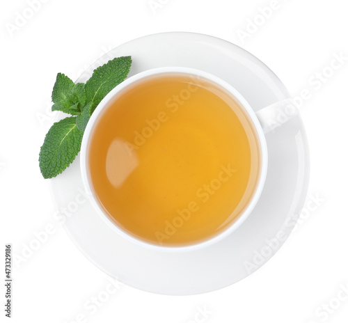 Cup of aromatic green tea with fresh mint on white background, top view