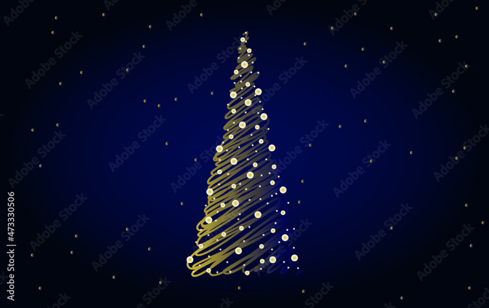 vector hand-drawn christmas tree. flat image of golden christmas tree with balls on dark background vector hand-drawn christmas tree. flat image of golden christmas tree with balls on dark background