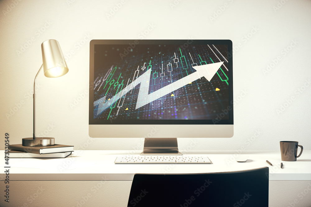 Abstract financial diagram with upward arrow on modern laptop screen, rise and breakthrough concept. 3D Rendering Abstract financial diagram with upward arrow on modern laptop screen, rise and breakthrough concept. 3D Rendering