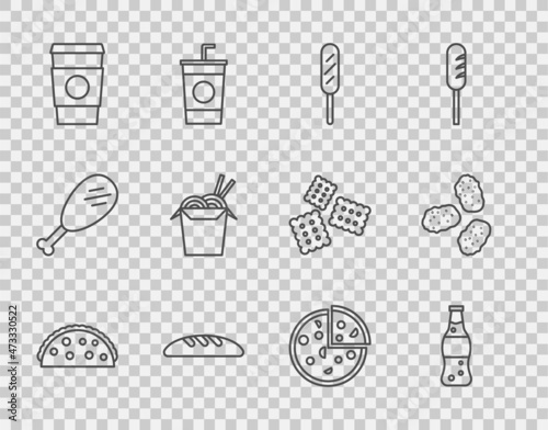 Set line Taco with tortilla, Bottle of water, Corn dog, Bread loaf, Coffee cup go, Asian noodles and chopsticks, Pizza and Chicken nuggets icon. Vector