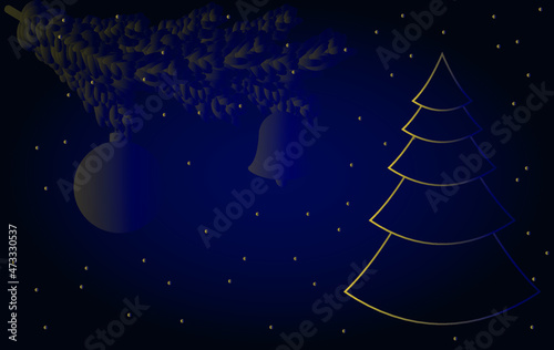 vector new year banner with dark background. flat image of postcard with christmas tree and balls